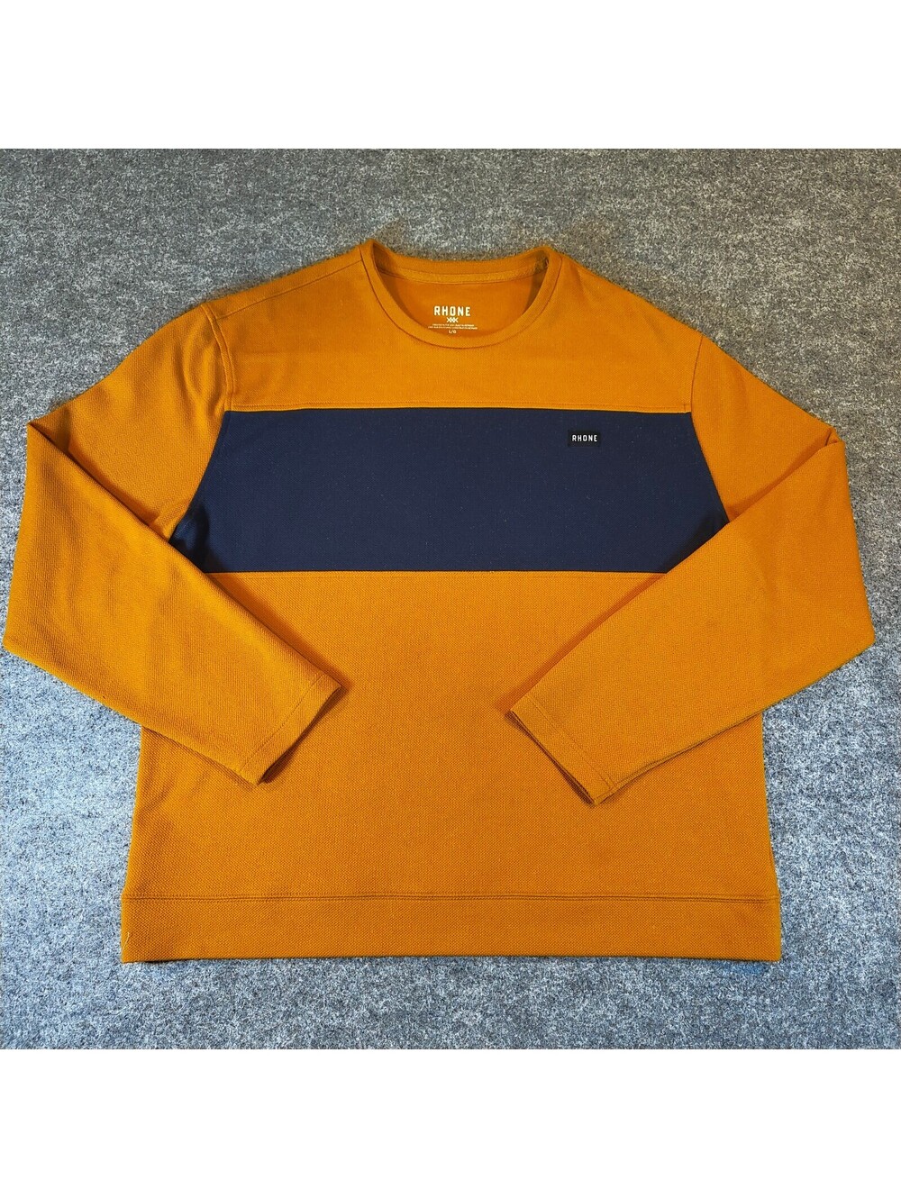Rhone Men's Orange Navy Blue Colorblock Long Sleeve Athletic Crewneck Size L